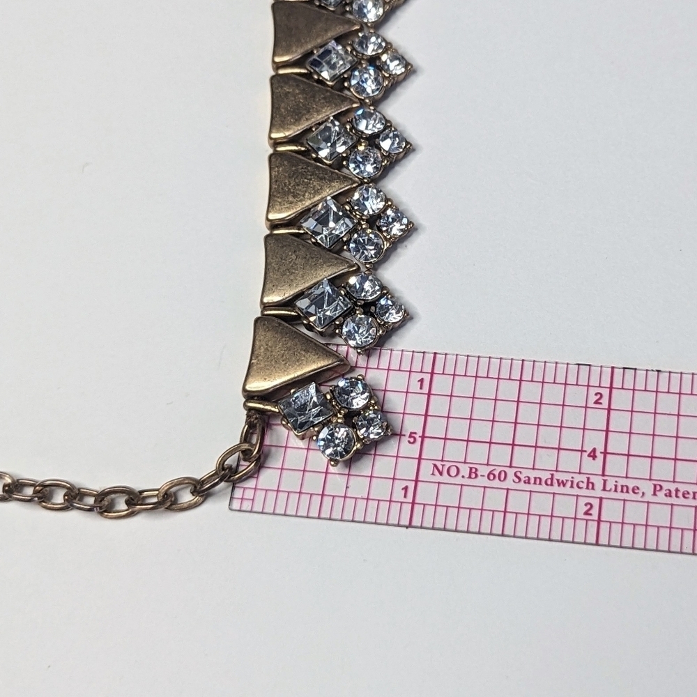 J. Crew Segmented Bib Chain Necklace Rhinestones Triangle Bead Antique Gold Tone - Picture 6 of 7
